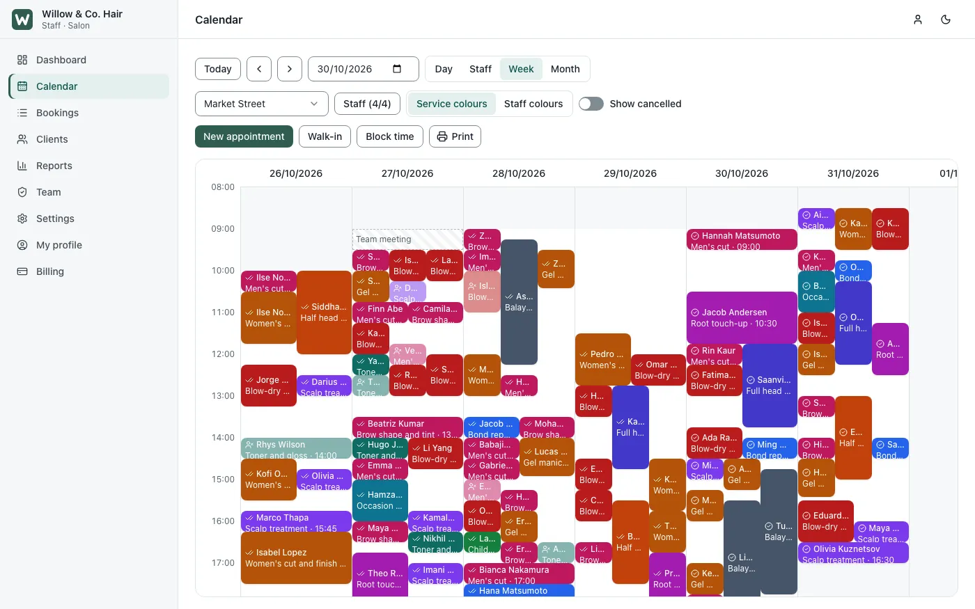 Calendario del personale di NextBooking, vista settimanale, per un salone demo con appuntamenti codificati per colore