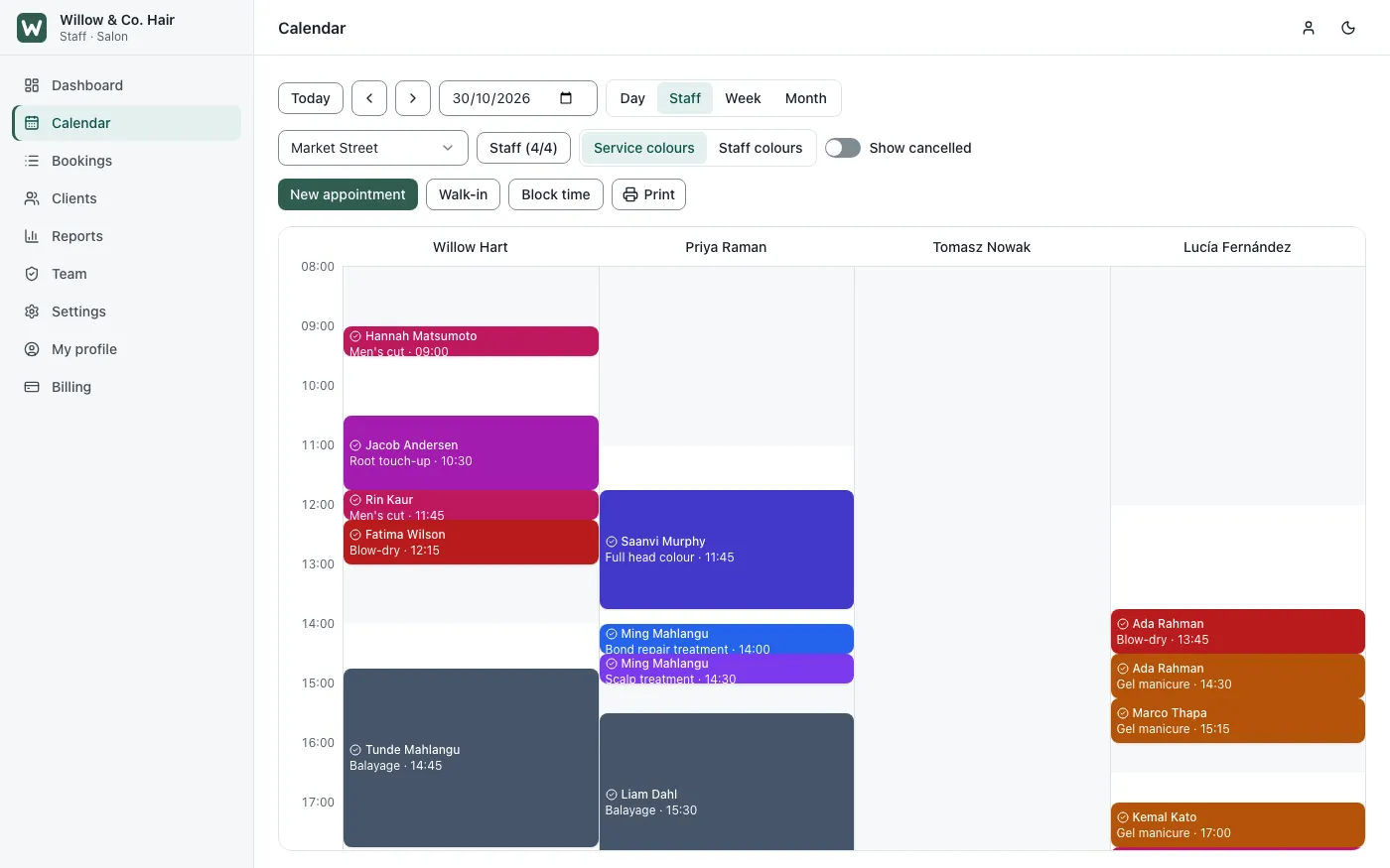 Calendario NextBooking in vista staff, una colonna per ogni stilista nella giornata